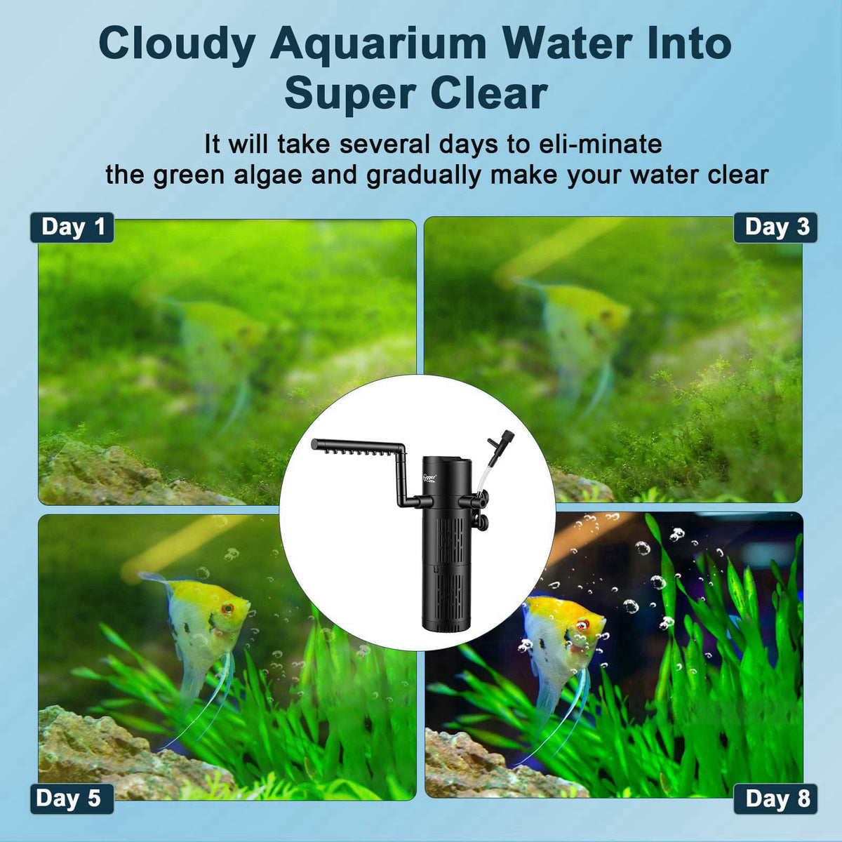 hygger 8W Aquarium U-V Internal Filter with Timer for 10–20 Gal Tanks – back view and specifications