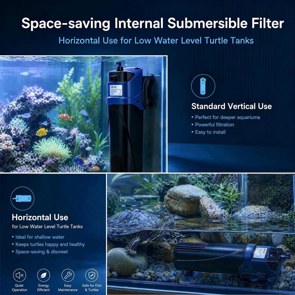 COOSPIDER Fish Tank Filter U-V Submersible Aquarium Filter 132GPH – back view and specifications