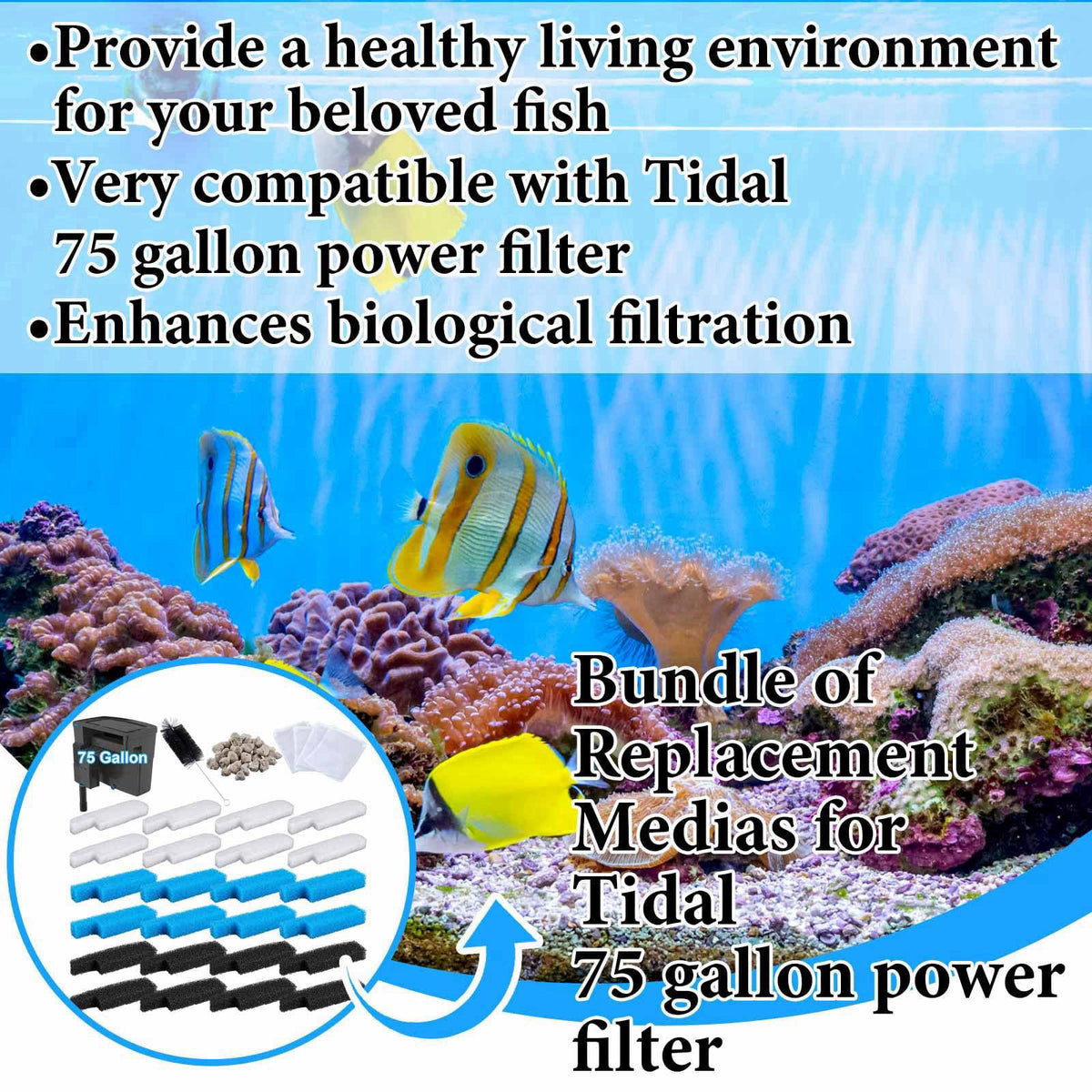 Threlaco 31 Pcs Filter Media Kit, Compatible with Seachem Tidal 75 – back view and specifications