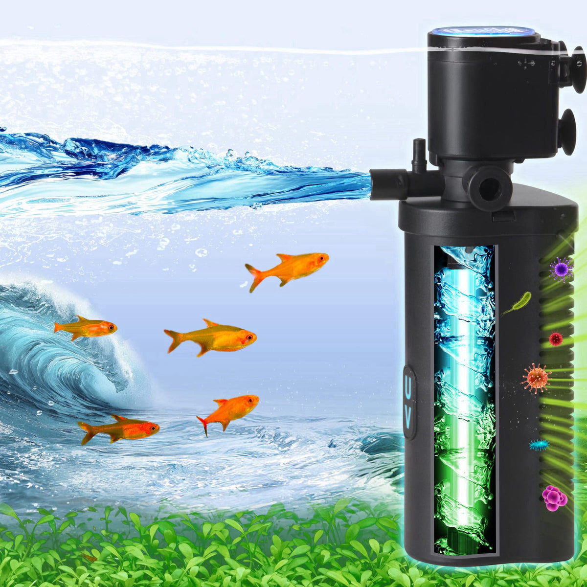 COOSPIDER Aquarium Filter with 6W U-V Light 158GPH for 10-45 Gallon Tank – Black, CTUV-H4F (10-45Gallon)