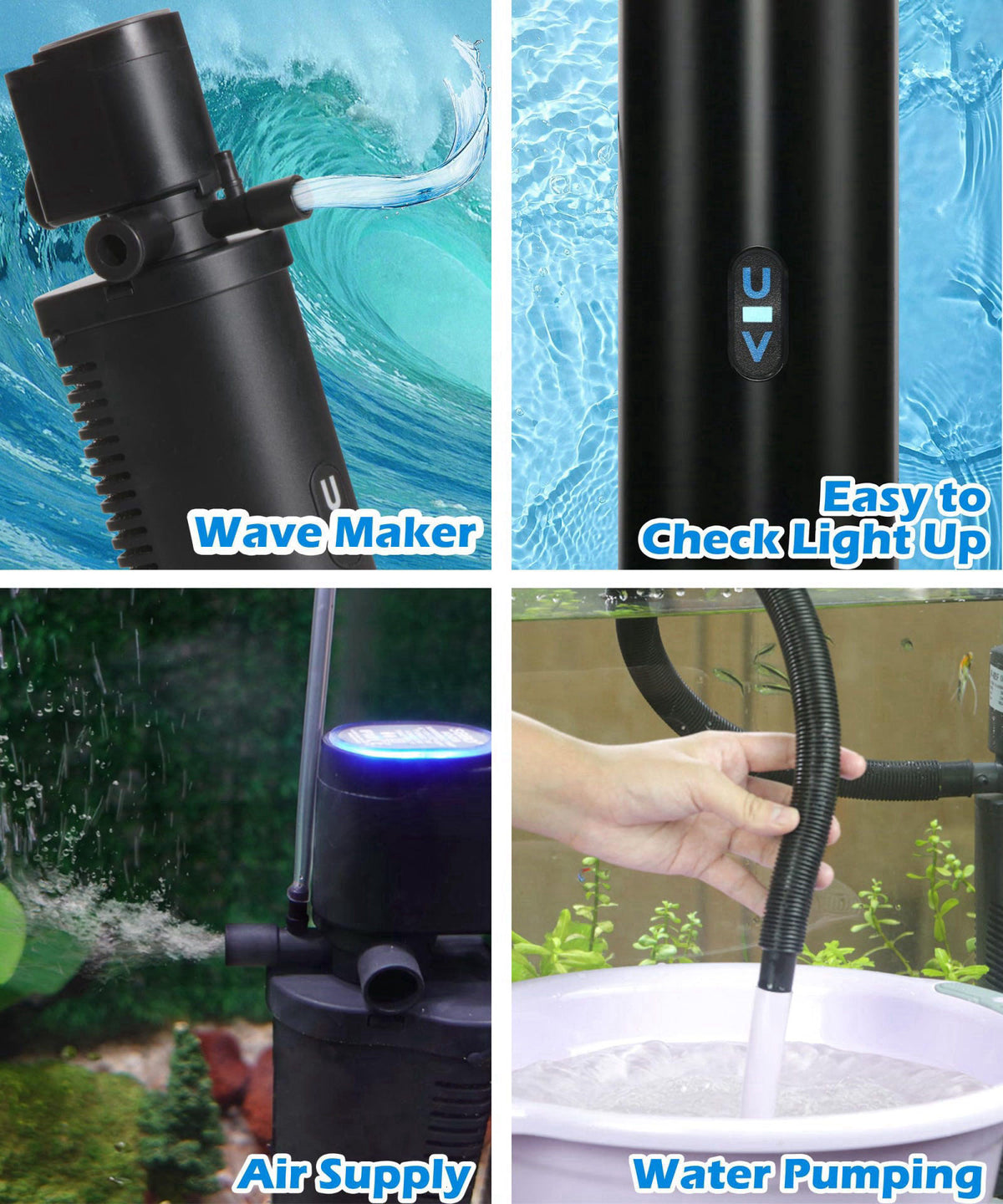 COOSPIDER Aquarium Filter with 6W U-V Light 158GPH for 10-45 Gallon Tank – back view and specifications