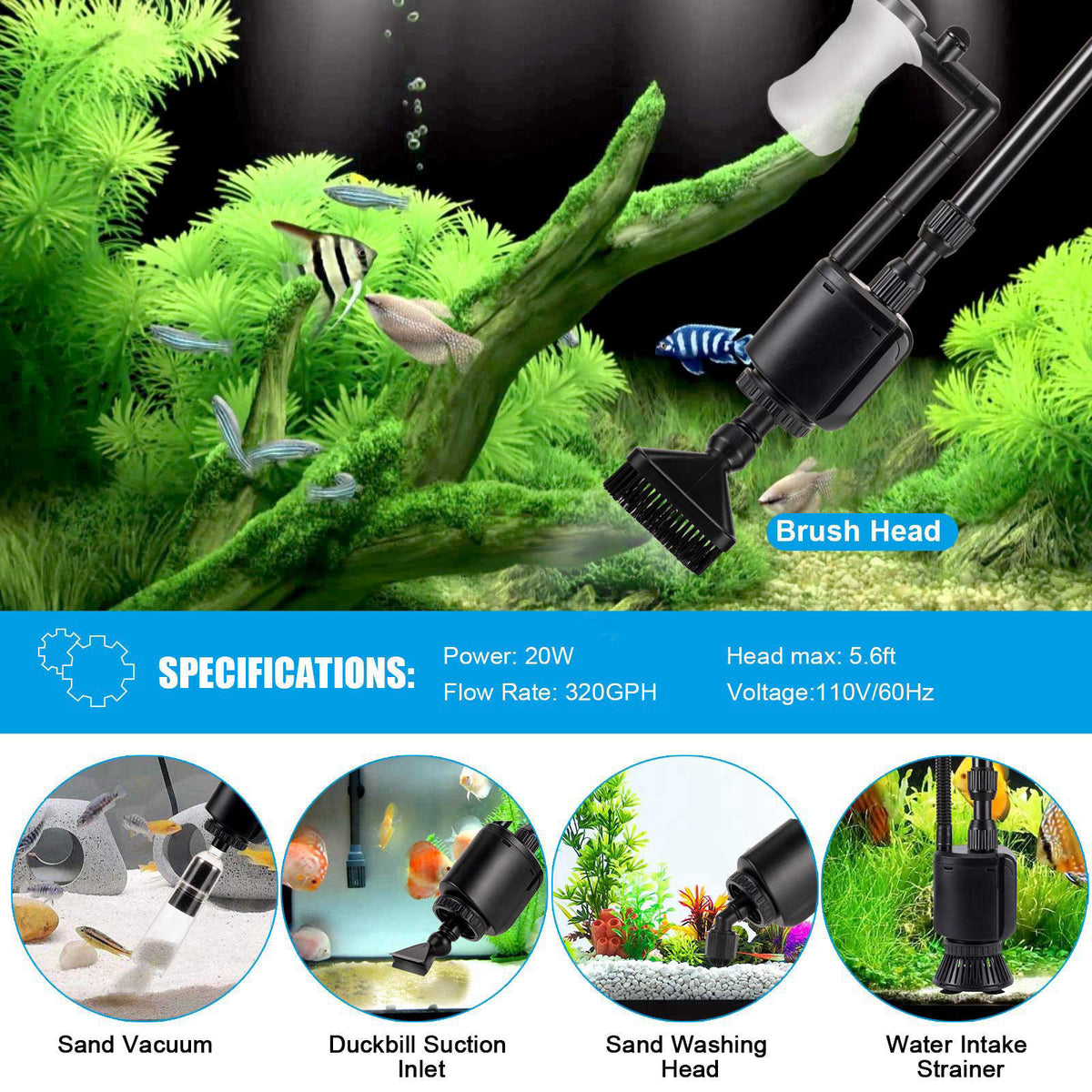 AQQA Aquarium Gravel Cleaner, 6-in-1 Fish Tanks Gravel Vacuum Cleaner Set – packaging and label