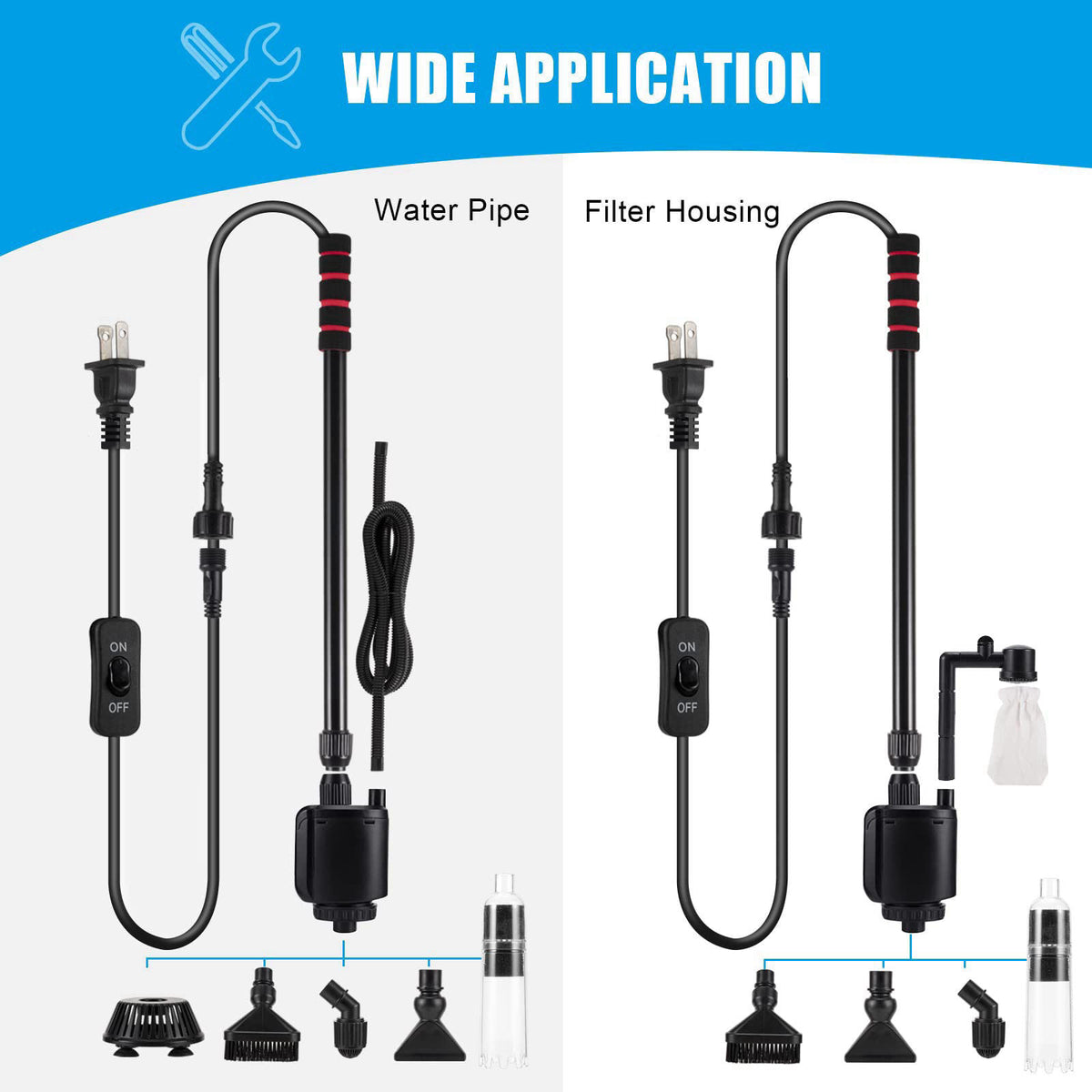 AQQA Aquarium Gravel Cleaner, 6-in-1 Fish Tanks Gravel Vacuum Cleaner Set – back view and specifications