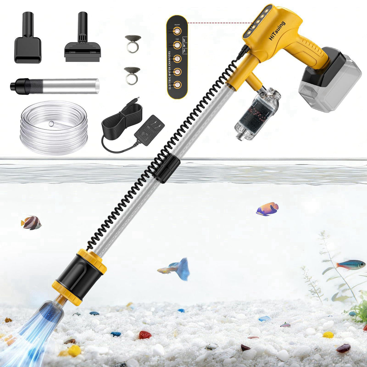 HiTauing Aquarium Gravel Cleaner, Cordless/Corded 6 in 1 Electric Fish Tank Vacuum Cleaner Compatible with Dewalt 20V Ba