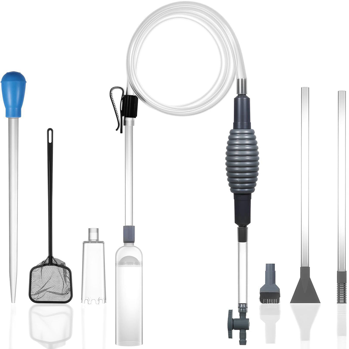 Woznusy Aquarium Siphon Vacuum Kit with Turkey Baster, Fish Net for Tank Cleaning – Gray Transparent