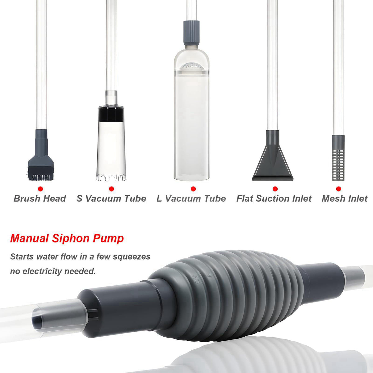 Woznusy Aquarium Siphon Vacuum Kit with Turkey Baster, Fish Net for Tank Cleaning – close-up detail in Gray Transparent