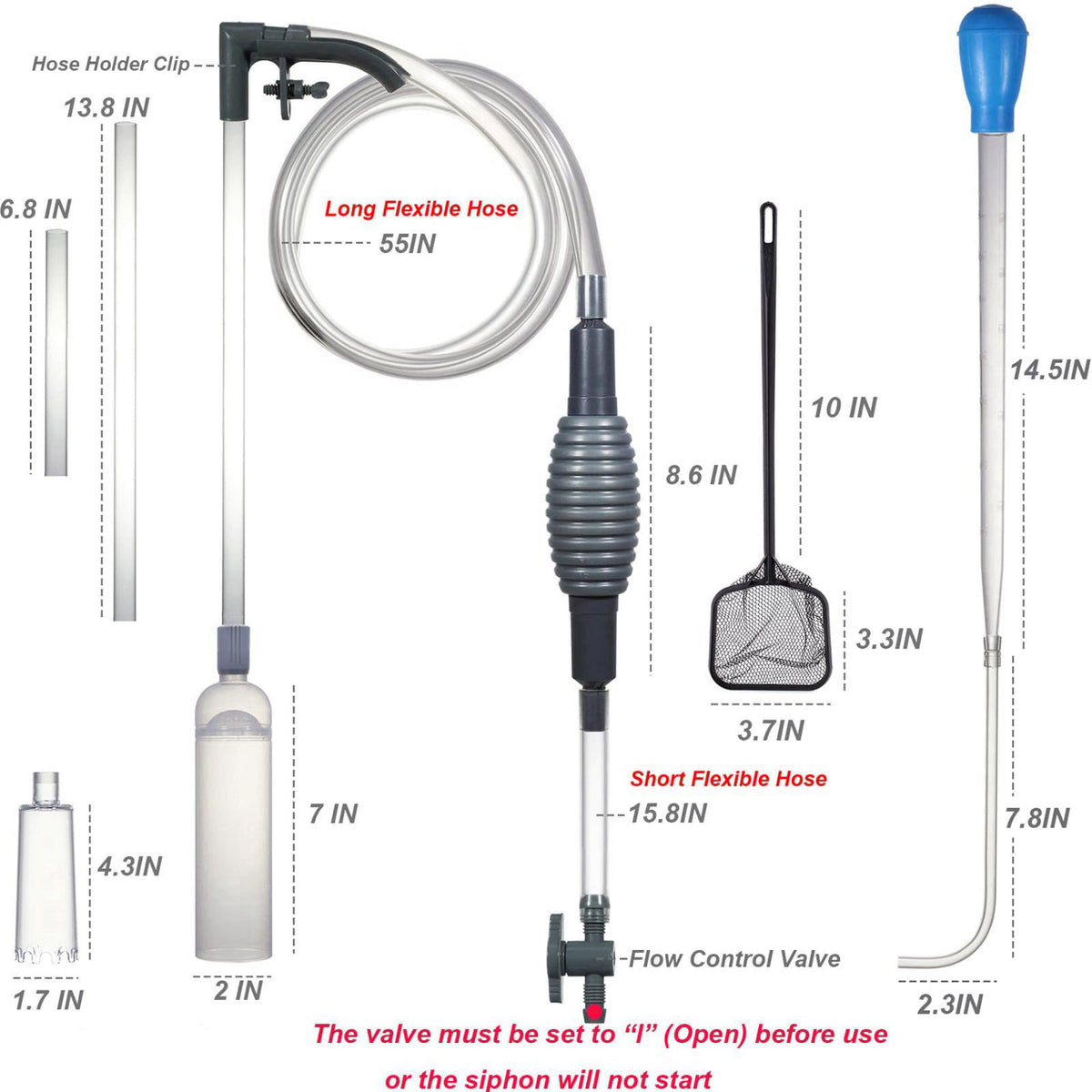 Woznusy Aquarium Siphon Vacuum Kit with Turkey Baster, Fish Net for Tank Cleaning – back view and specifications