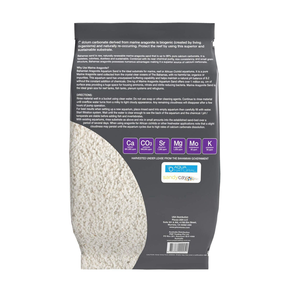 Aqua Natural AquaNatural Coarse Aragonite 20lb for Reef, Saltwater and Marine Aquariums, Sand – packaging and label