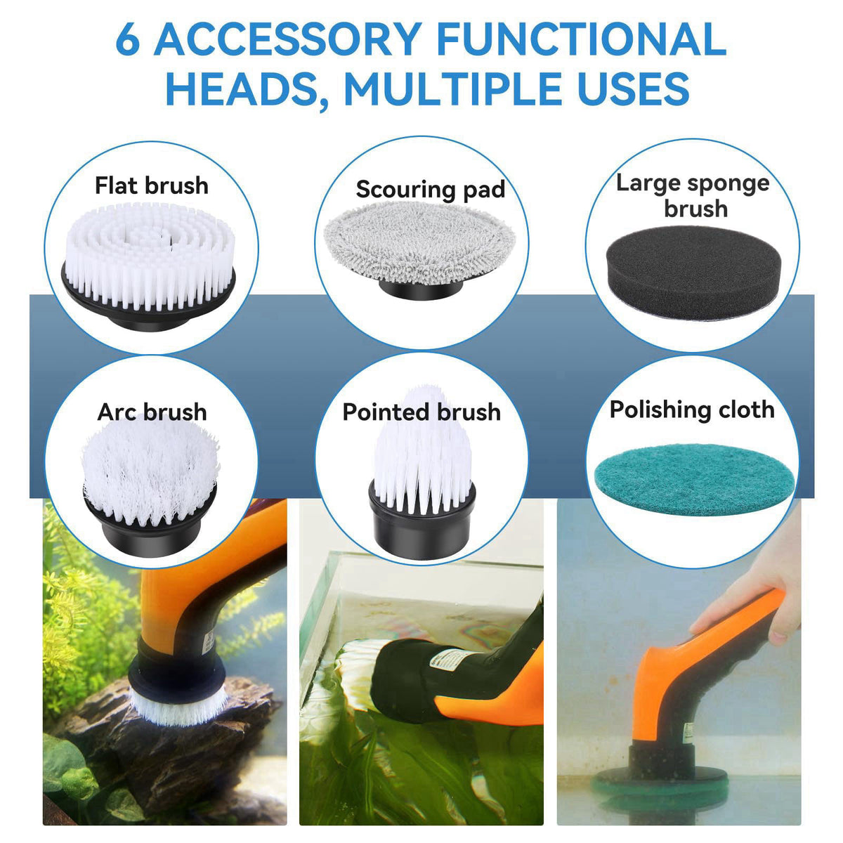 hygger IPX8 Electric Aquarium Cleaning Brushes, Rechargeable Cleaner Tools Kit with 6 Replaceable Clean Spin Brush Heads