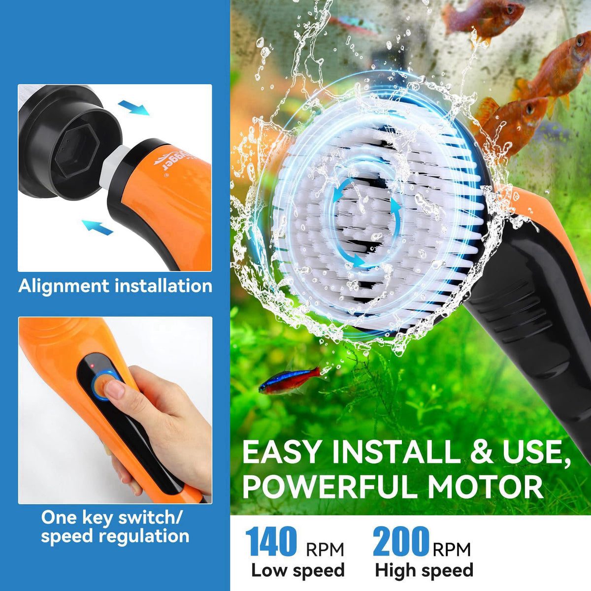 hygger IPX8 Electric Aquarium Cleaning Brushes, Rechargeable Cleaner Tools Kit with 6 Replaceable Clean Spin Brush Heads