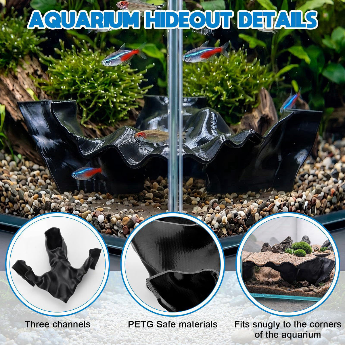 SiliFine Aquarium Cave Hideout Fish Tank Tunnel 3D Printed, Black, 1 Hole – packaging and label