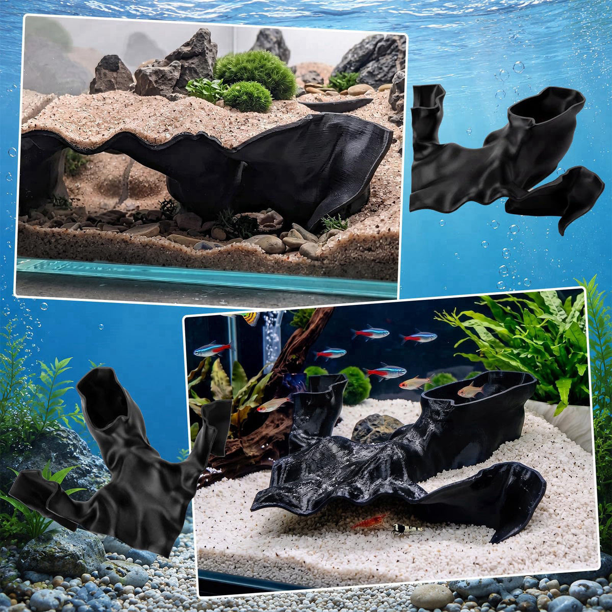 SiliFine Aquarium Cave Hideout Fish Tank Tunnel 3D Printed, Black, 1 Hole – back view and specifications