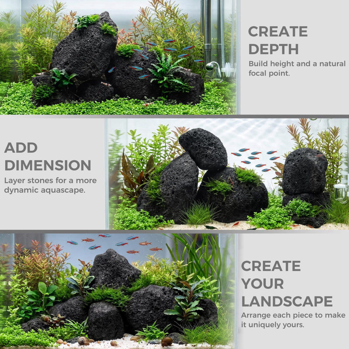 FISCAPE 2.2-8.1 Inches Natural Black Lava Rock, 5 PCS Mixed Sizes Aquarium Rocks for Aquascaping, Terrariums, Reptile Ta