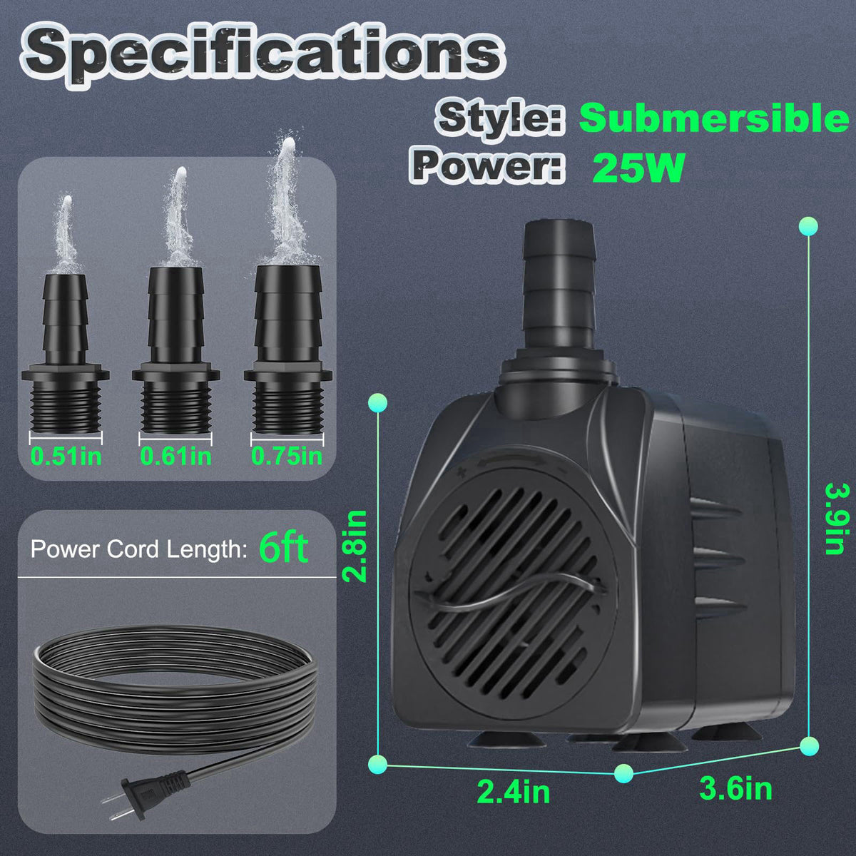 SongLong 400GPH Submersible Water Pump 6.5ft High Lift for Fountains – close-up detail