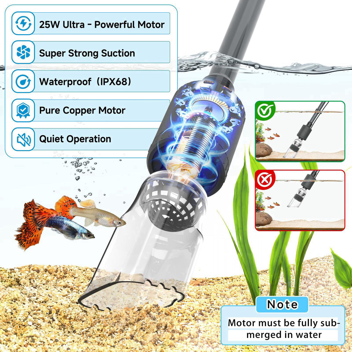 fishkeeper 6 in 1 Electric Aquarium Gravel Cleaner, Fish Tank Cleaner Kit – close-up detail in Gray