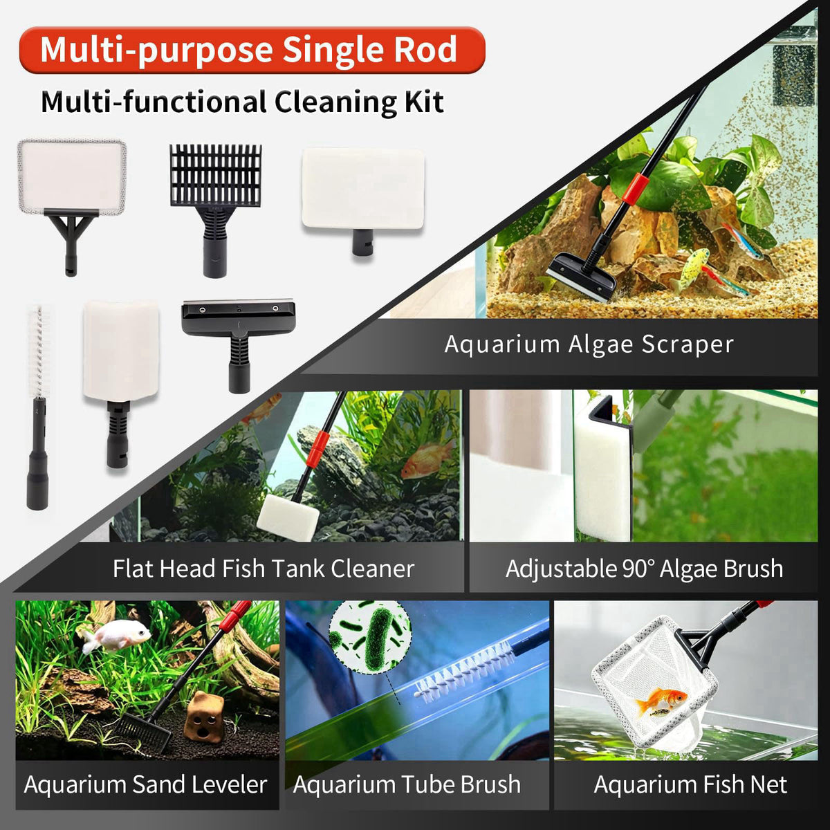 UPETTOOLS Aquarium Clean Tool 6 in 1 Fish Tank Cleaning Kit Algae Scraper Scrubber Pad Adjustable Long Handle Fish Tank 