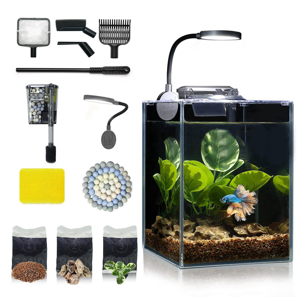 Wonderfactory 1.25 Gallon Fish Tank Small Glass Aquarium Kit Starter Set Dark Background – back view and specifications