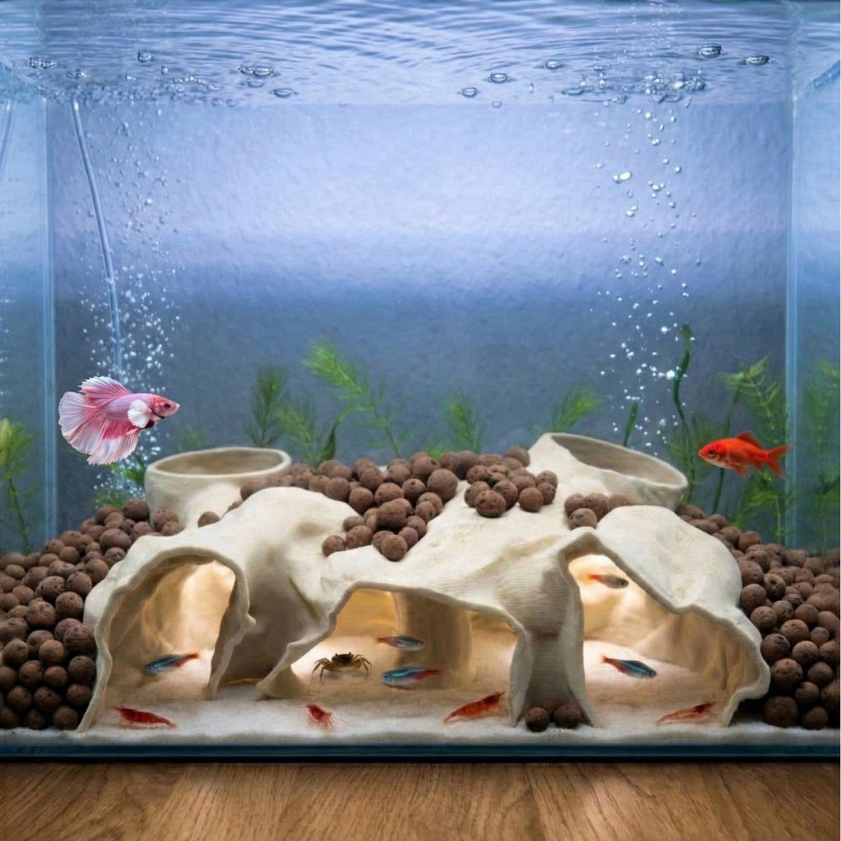 CT SUN Large Aquarium Tunnel & Cave (9.5" L), 3D Printed Substrate Viewer Fish Hideout with Wide Top Entrances, Tank