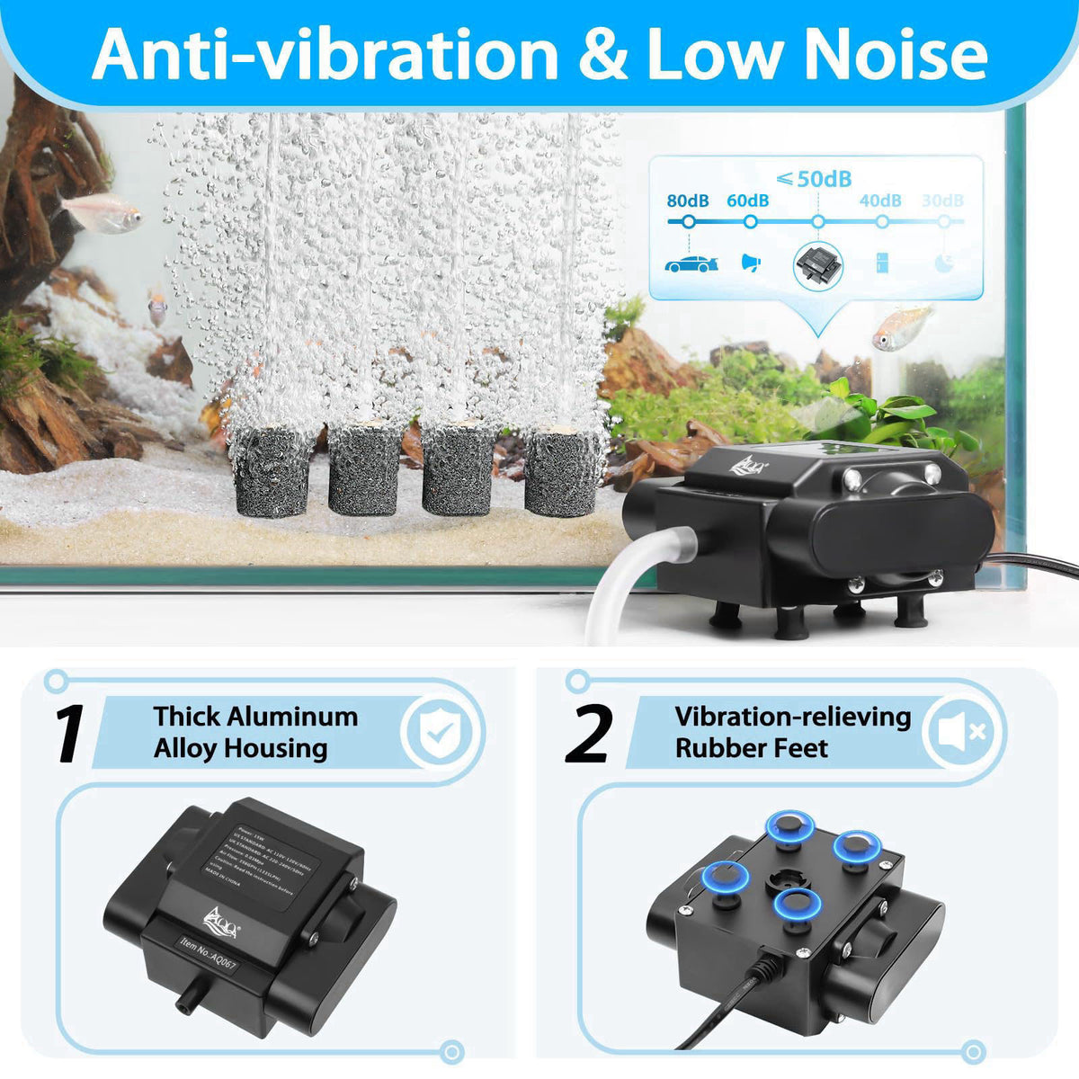 AQQA Aquarium Air Pump 15W 356GPH 4 Outlets – close-up detail in Black