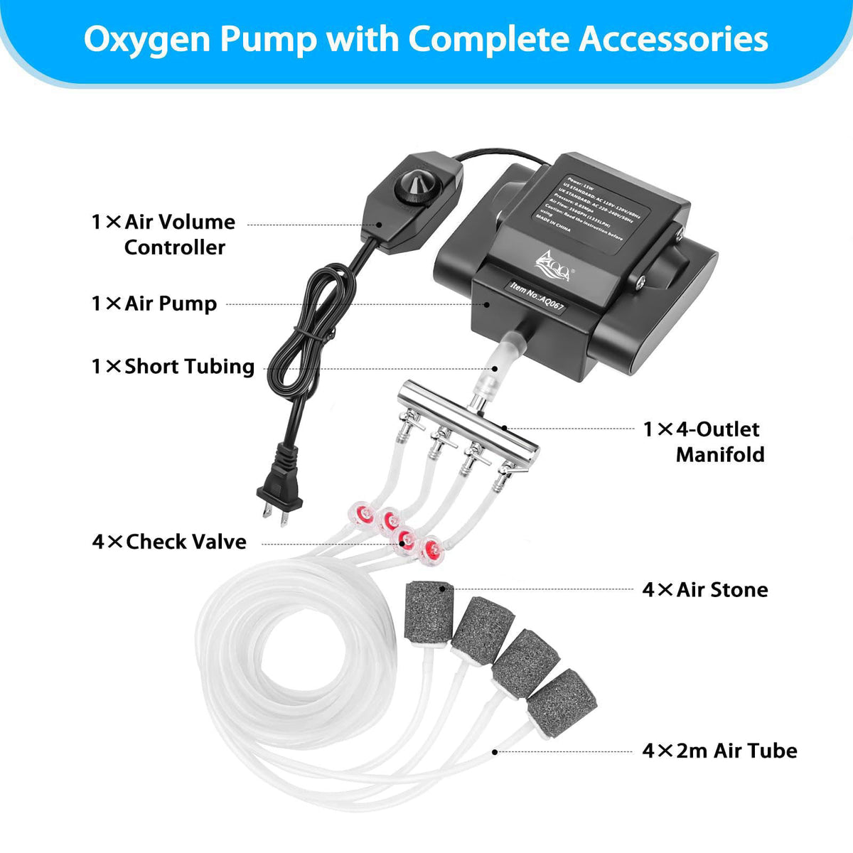 AQQA Aquarium Air Pump 15W 356GPH 4 Outlets – full view