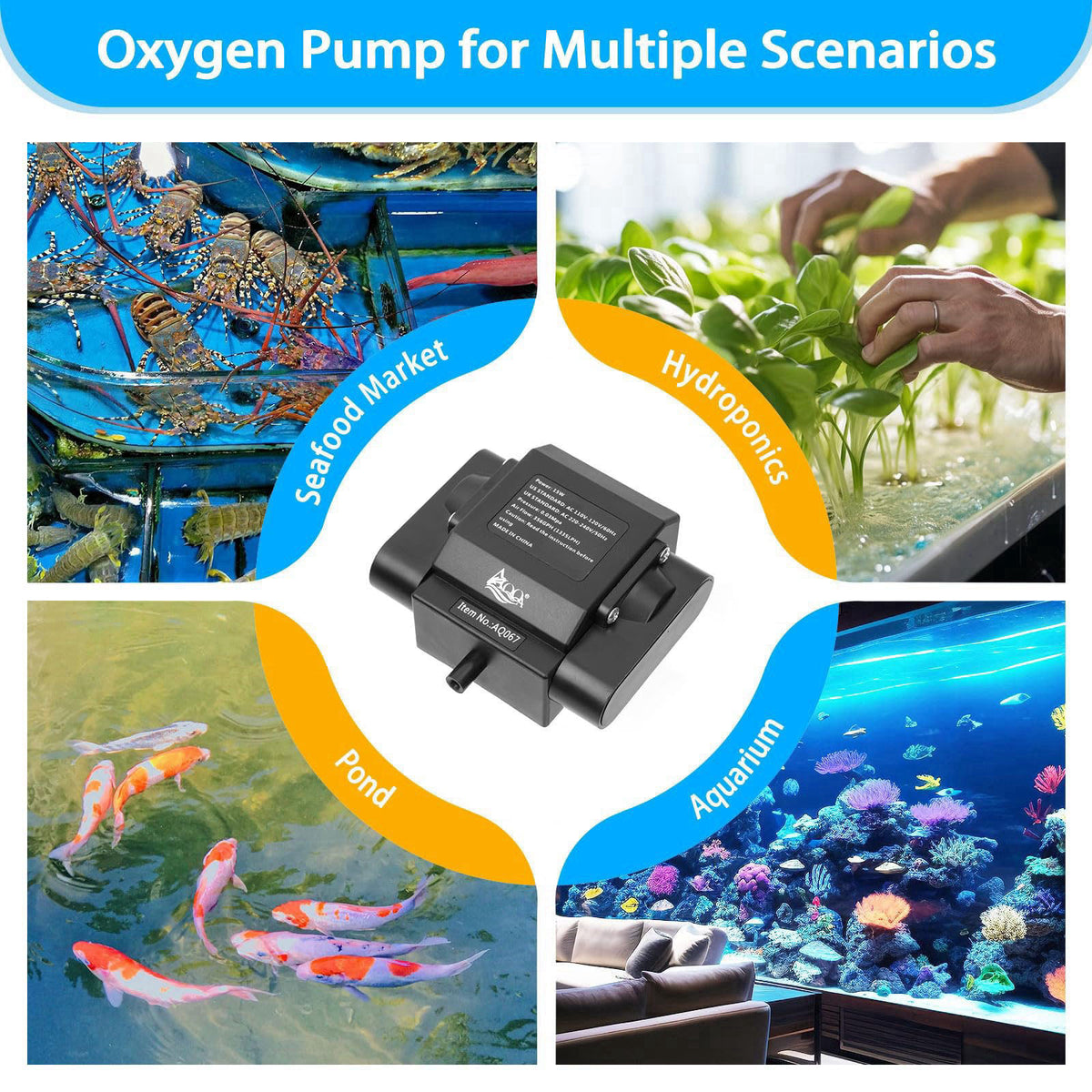 AQQA Aquarium Air Pump 15W 356GPH 4 Outlets – back view and specifications