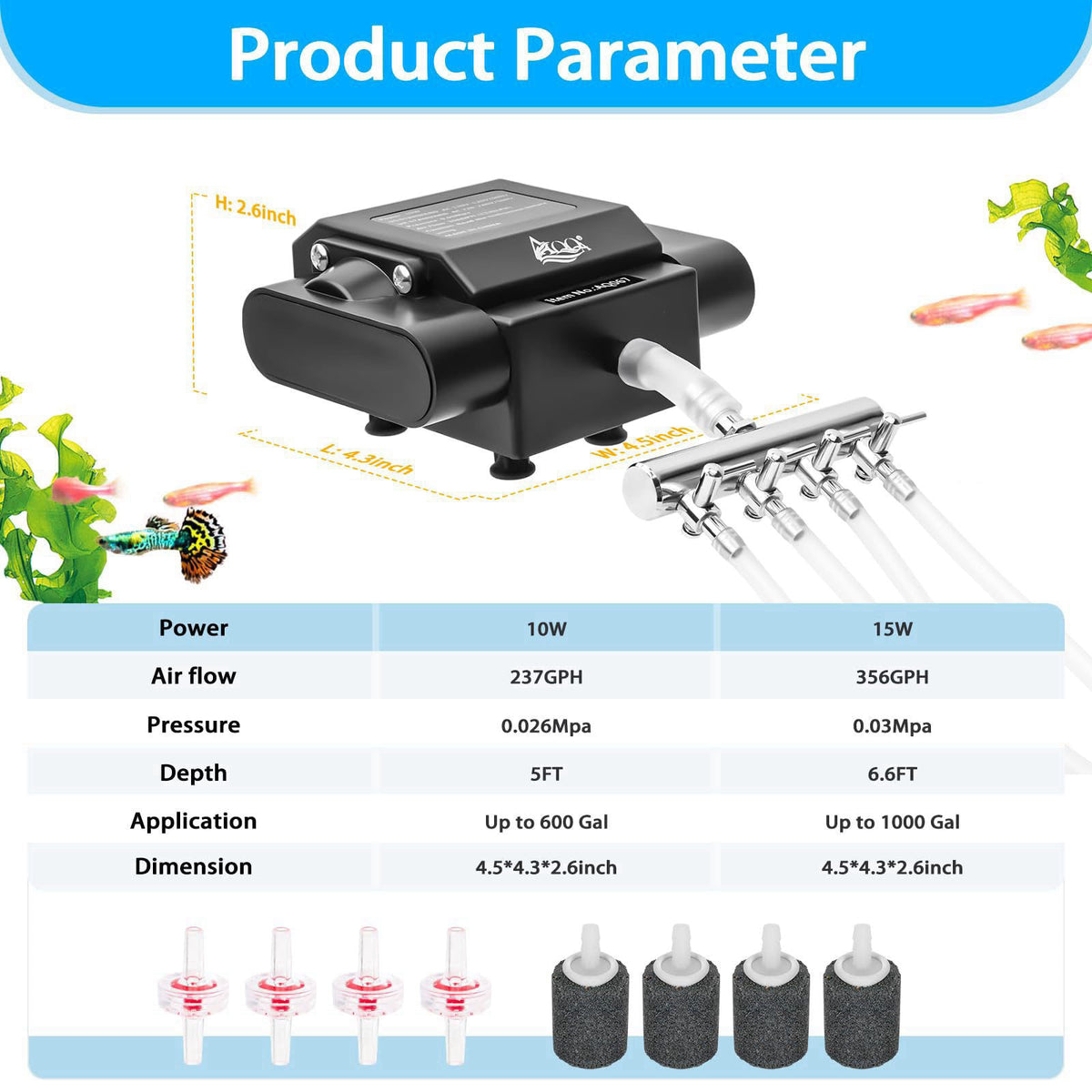 AQQA Aquarium Air Pump 15W 356GPH 4 Outlets – alternate angle