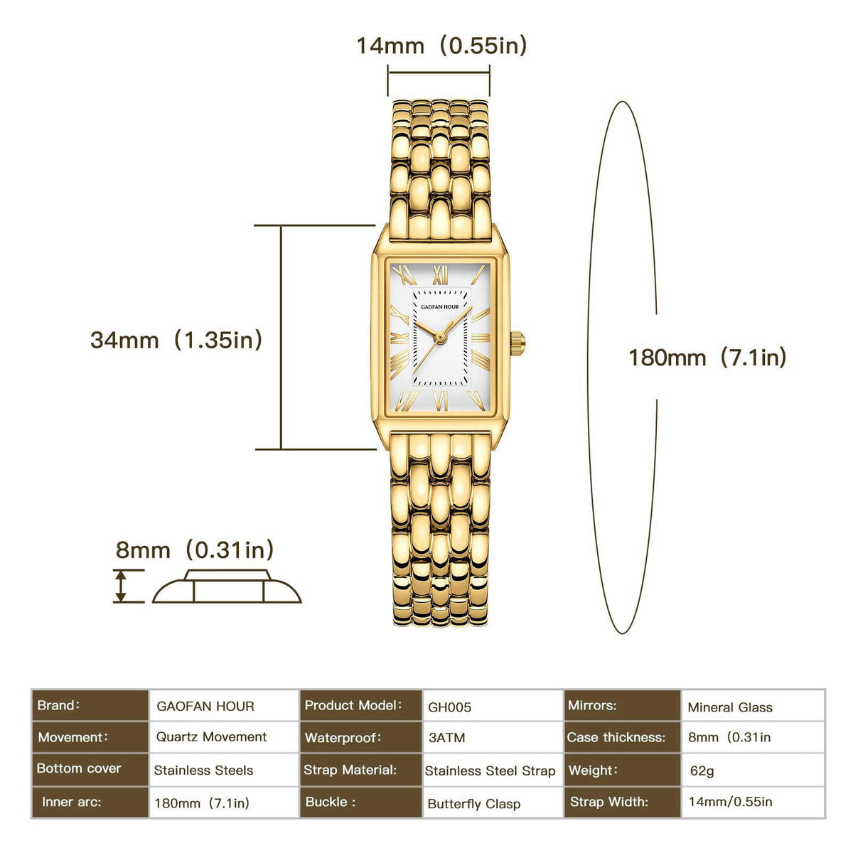 GAOFAN HOUR Gold Watches for Women with Vintage Rectangular Case,White Roman Dial,Stainless Steel Band,Adjustment Tool I