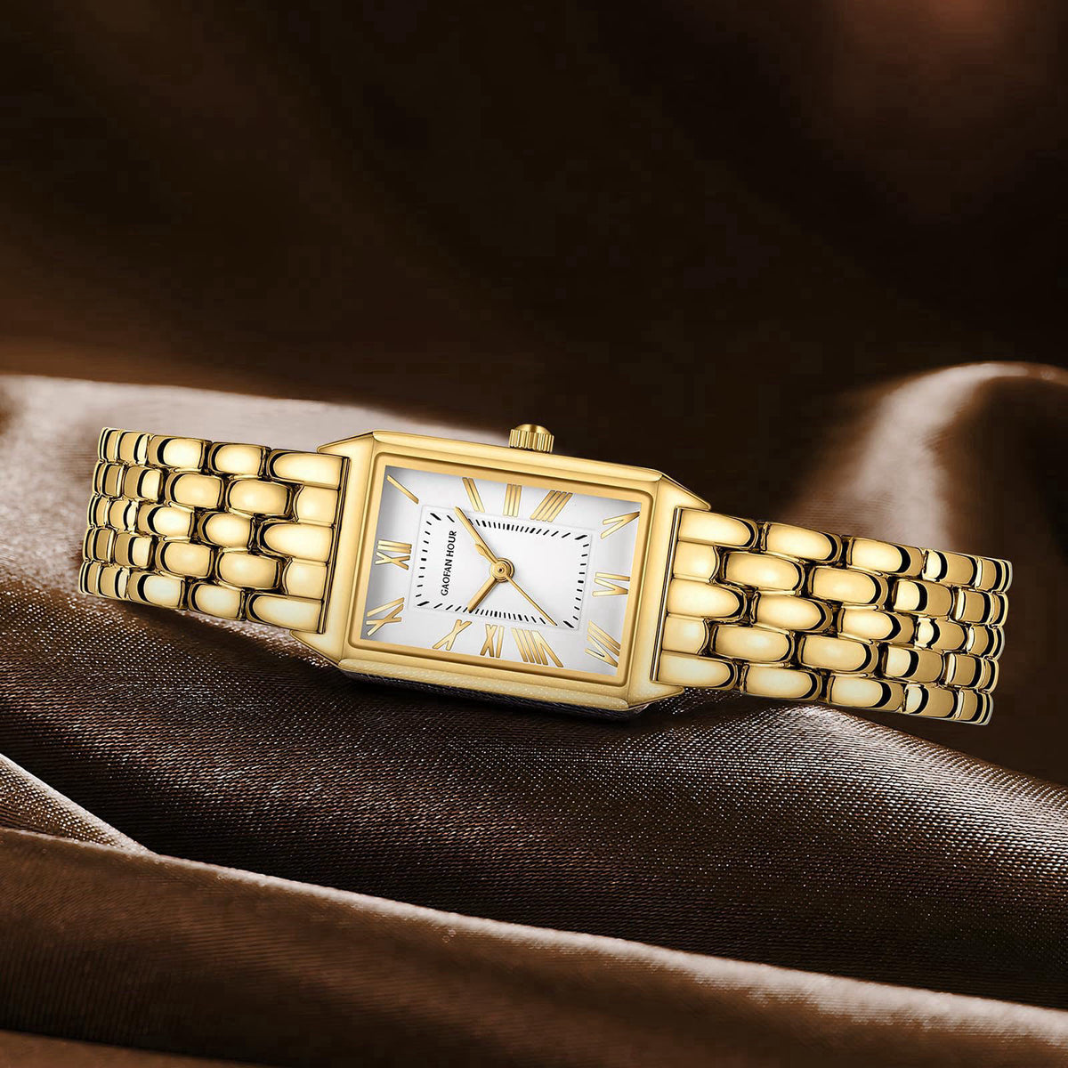 GAOFAN HOUR Gold Watches for Women with Vintage Rectangular Case,White Roman Dial,Stainless Steel Band,Adjustment Tool I