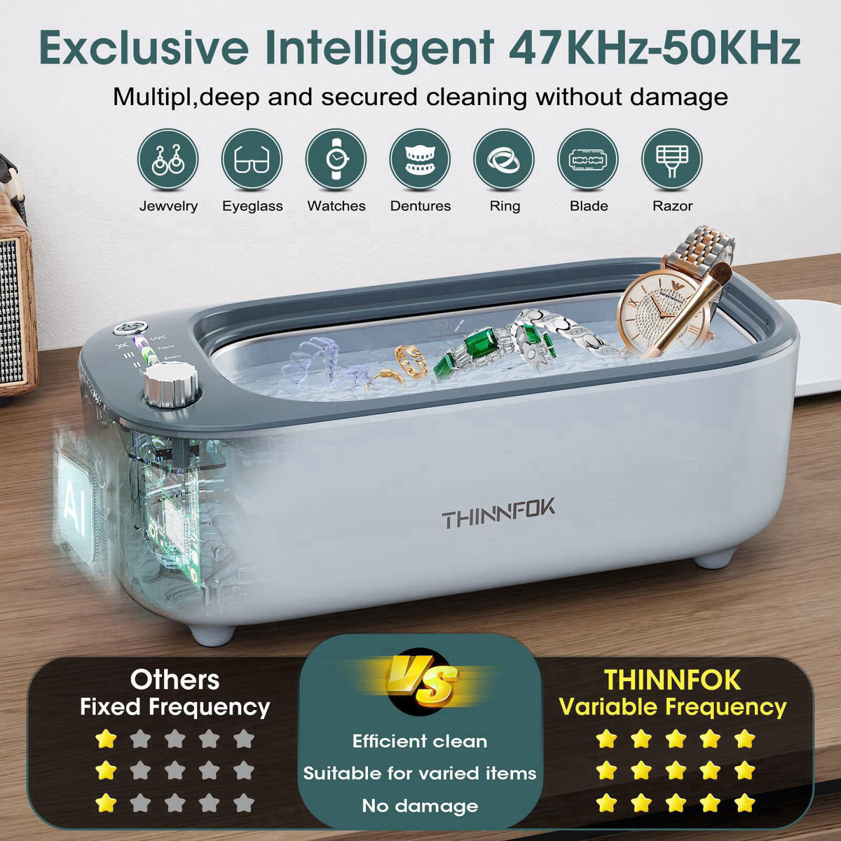 THINNFOK Ultrasonic Jewelry Cleaner, Smart Variable Frequency 47KHz - 50KHz – packaging and label