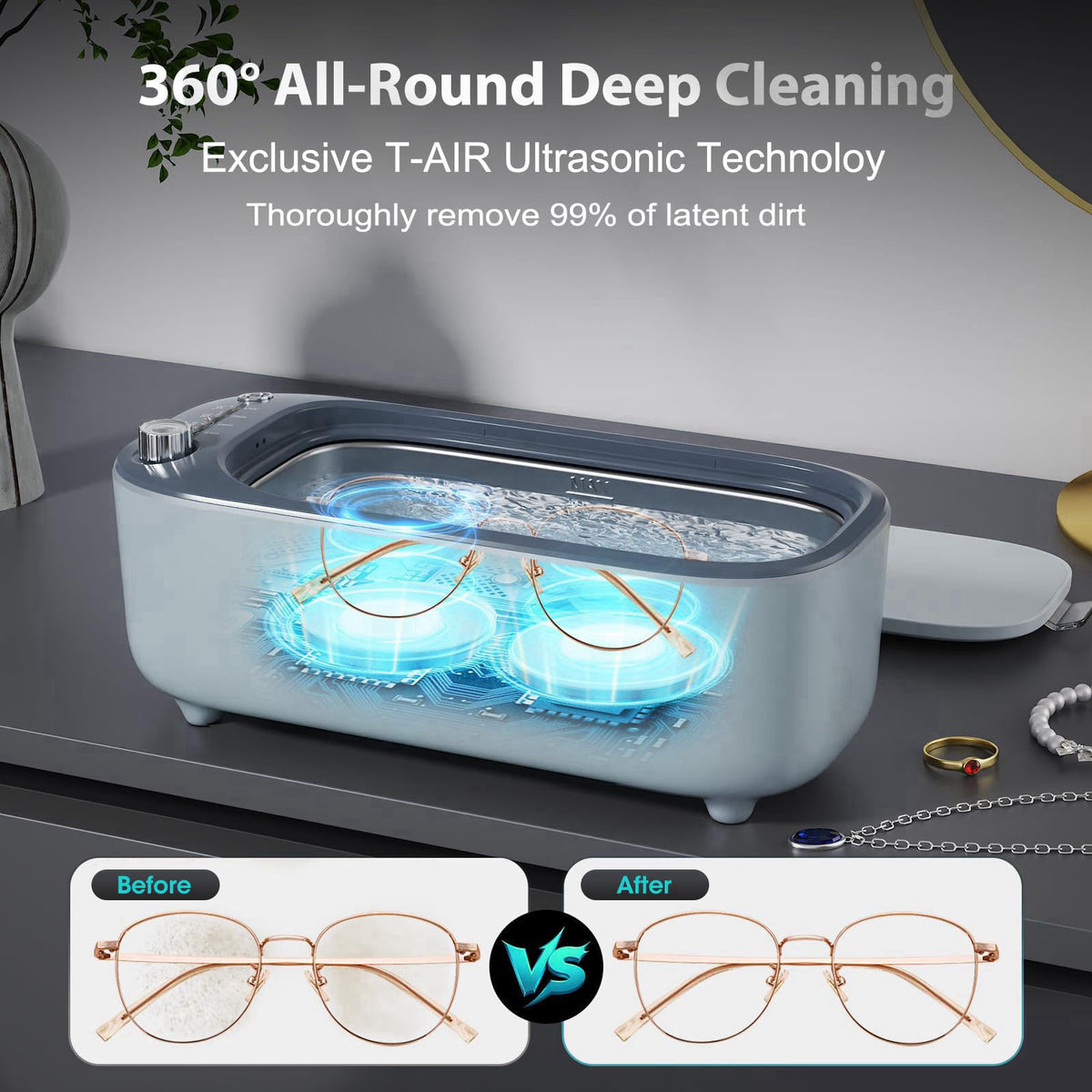 THINNFOK Ultrasonic Jewelry Cleaner, Smart Variable Frequency 47KHz - 50KHz – full view