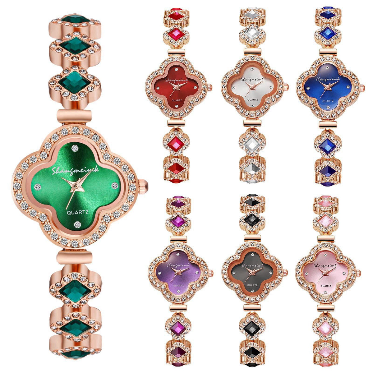 Dacdyi 7 Pcs Set Stylish Gold Women's Watches with Crystals & Gemstones, Elegant Bracelet Quartz Watch for Ladies, Color