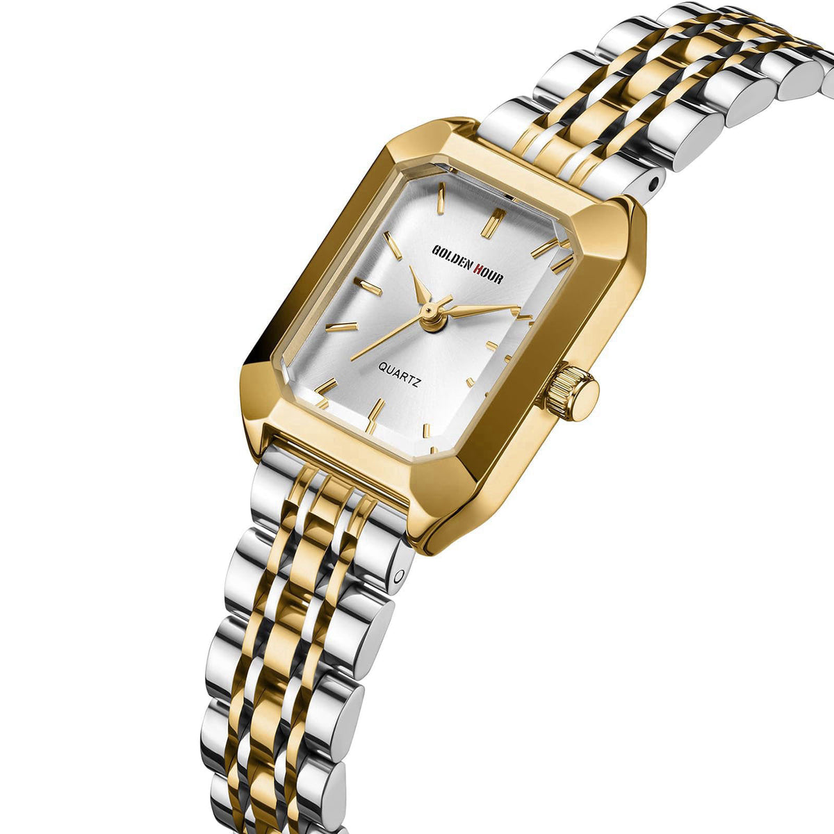 GOLDEN HOUR Women's Rectangular Quartz Watch, Gold Tone Stainless Steel Band – close-up detail in two tone