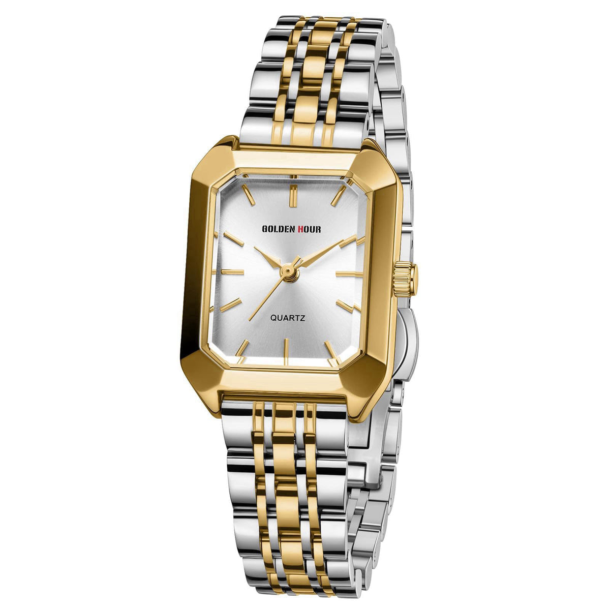 GOLDEN HOUR Women's Rectangular Quartz Watch, Gold Tone Stainless Steel Band – packaging and label