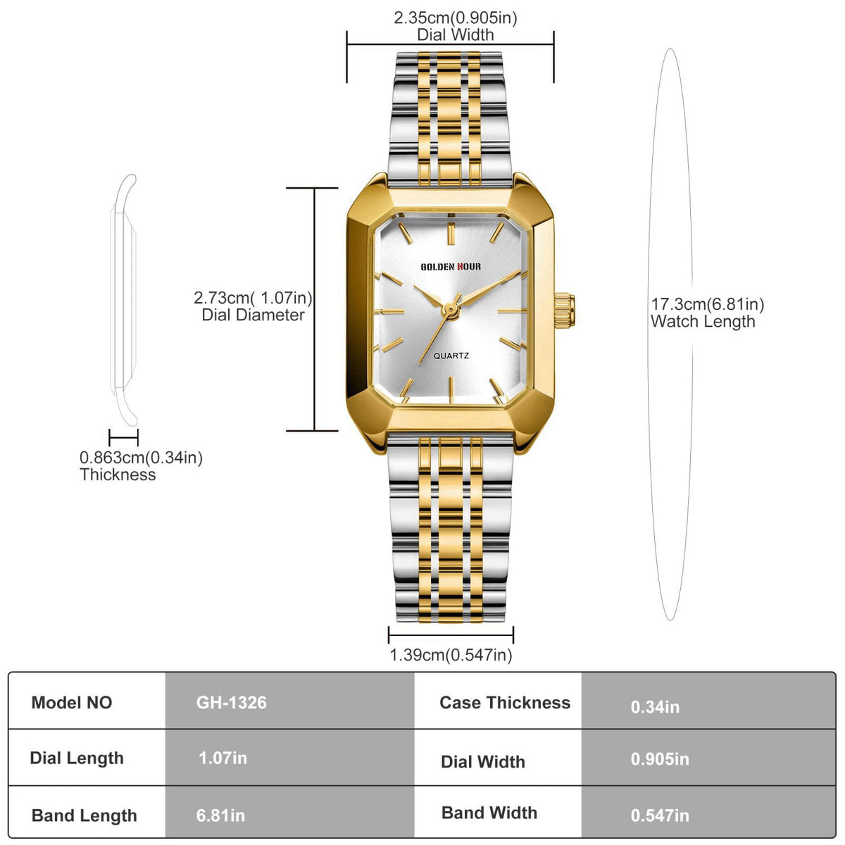 GOLDEN HOUR Women's Rectangular Quartz Watch, Gold Tone Stainless Steel Band – full view