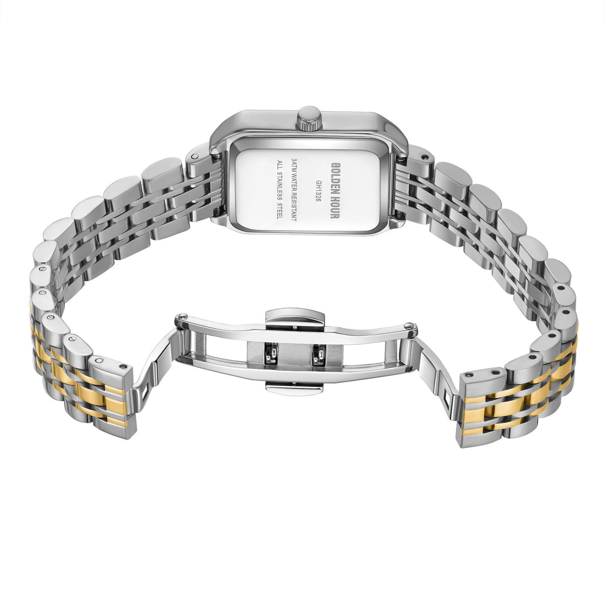 GOLDEN HOUR Women's Rectangular Quartz Watch, Gold Tone Stainless Steel Band – back view and specifications