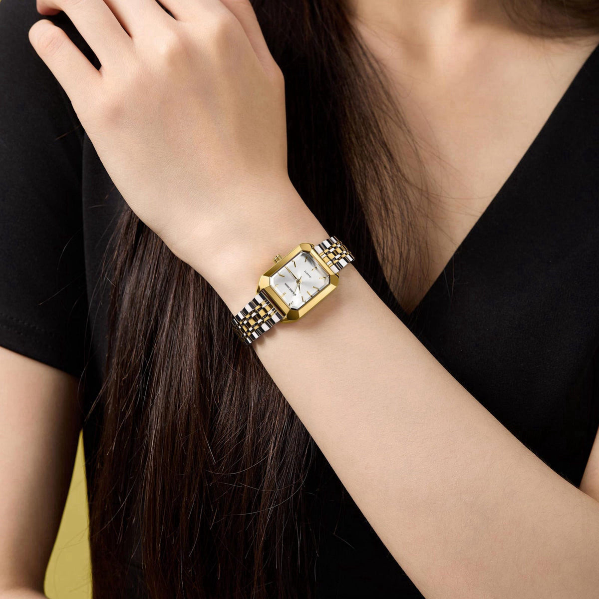 GOLDEN HOUR Women's Rectangular Quartz Watch, Gold Tone Stainless Steel Band – alternate angle