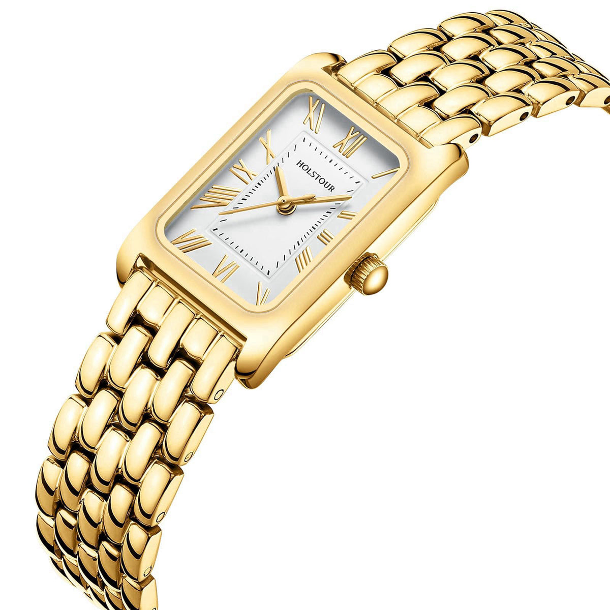 HOLSTOUR Gold Watches for Women Vintage Roman Dial Stainless Steel Bracelet – close-up detail in Gold