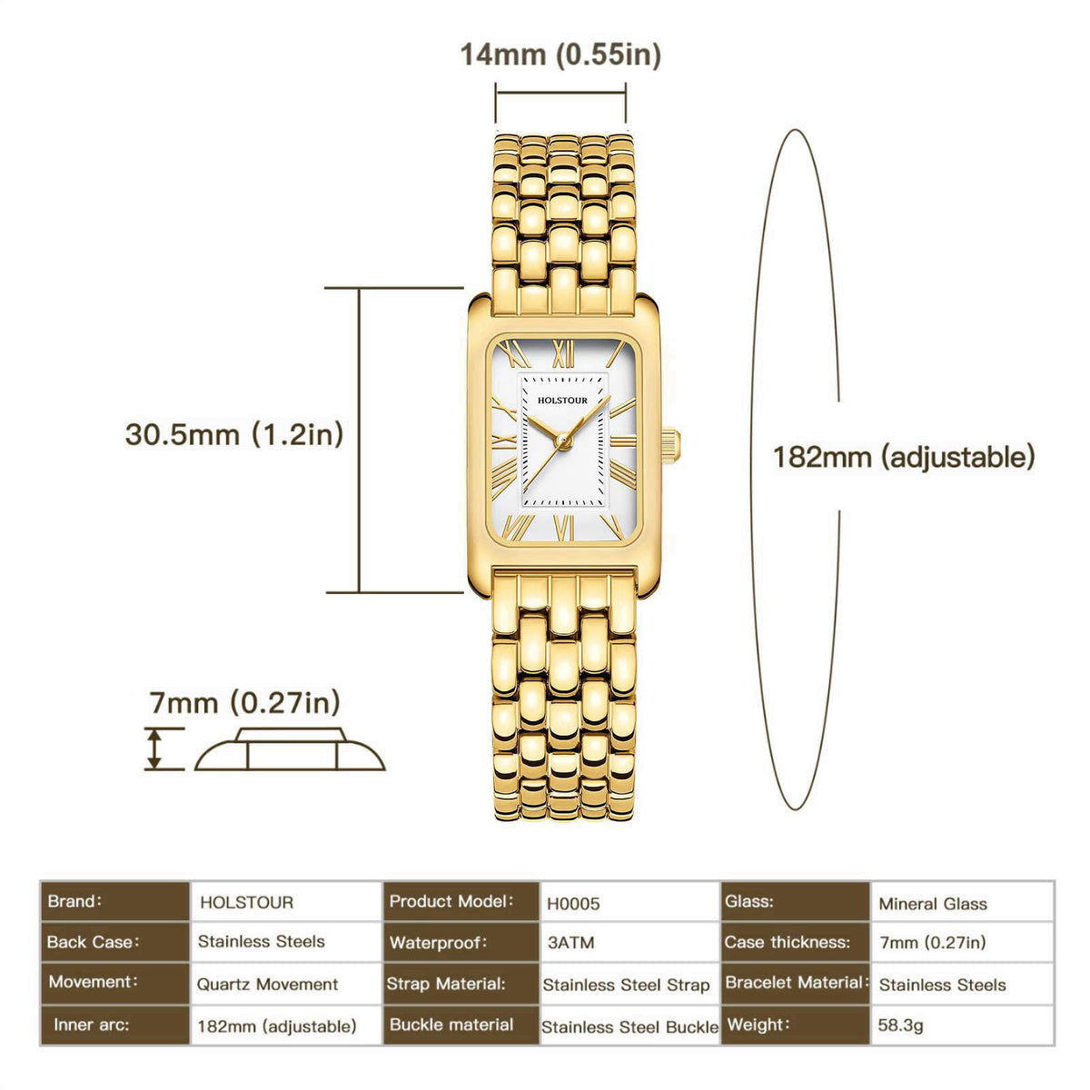 HOLSTOUR Gold Watches for Women Vintage Roman Dial Stainless Steel Bracelet – full view
