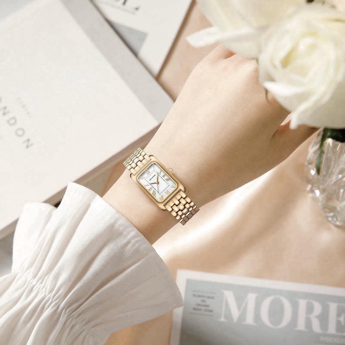 HOLSTOUR Gold Watches for Women Vintage Roman Dial Stainless Steel Bracelet – back view and specifications
