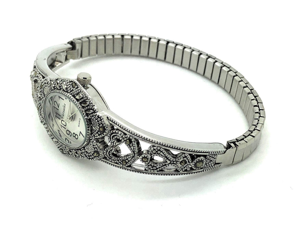 VERSALES Ladies Elegant Oval Marcasite Stretch Elastic Band Fashion Watch Varsales – full view