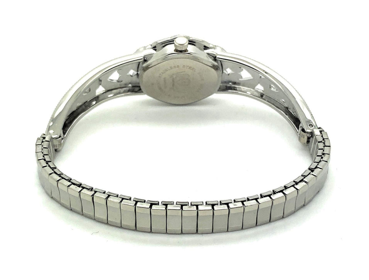 VERSALES Ladies Elegant Oval Marcasite Stretch Elastic Band Fashion Watch Varsales – back view and specifications