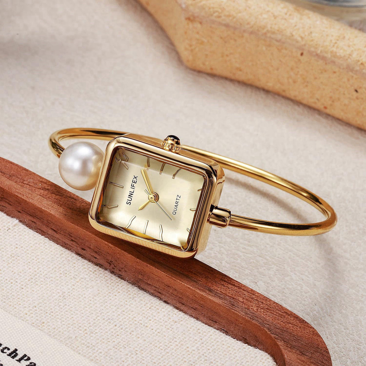 Gosasa Pearl Bangle Watch for Women, Gold Bracelet Watch with Square Easy Read Dial, Dainty Elegant Cuff Watch for Women