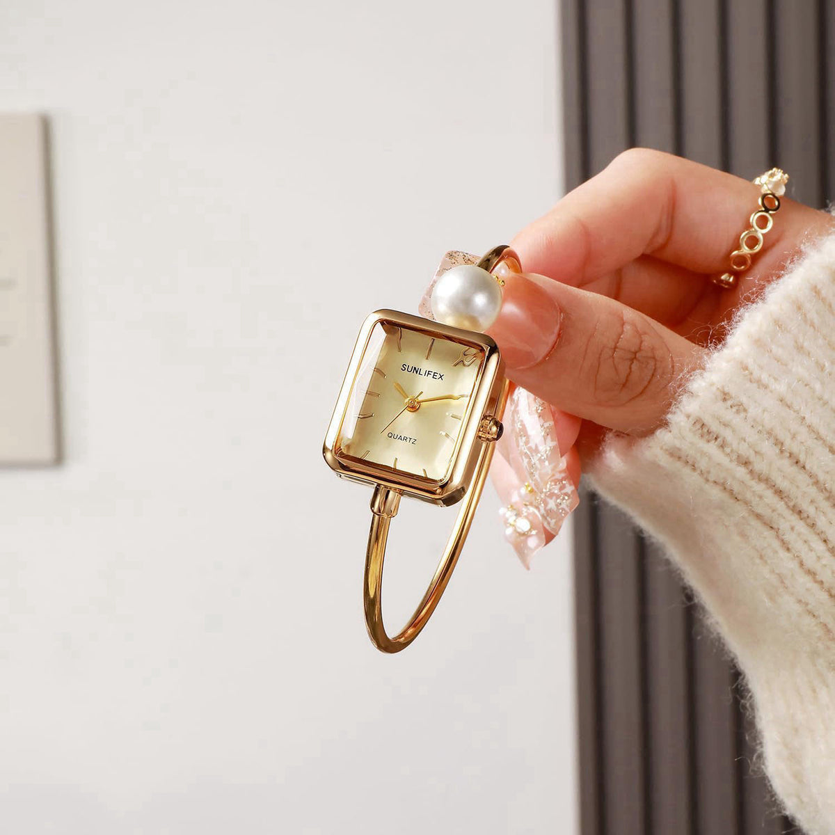 Gosasa Pearl Bangle Watch for Women, Gold Bracelet Watch with Square Easy Read Dial, Dainty Elegant Cuff Watch for Women