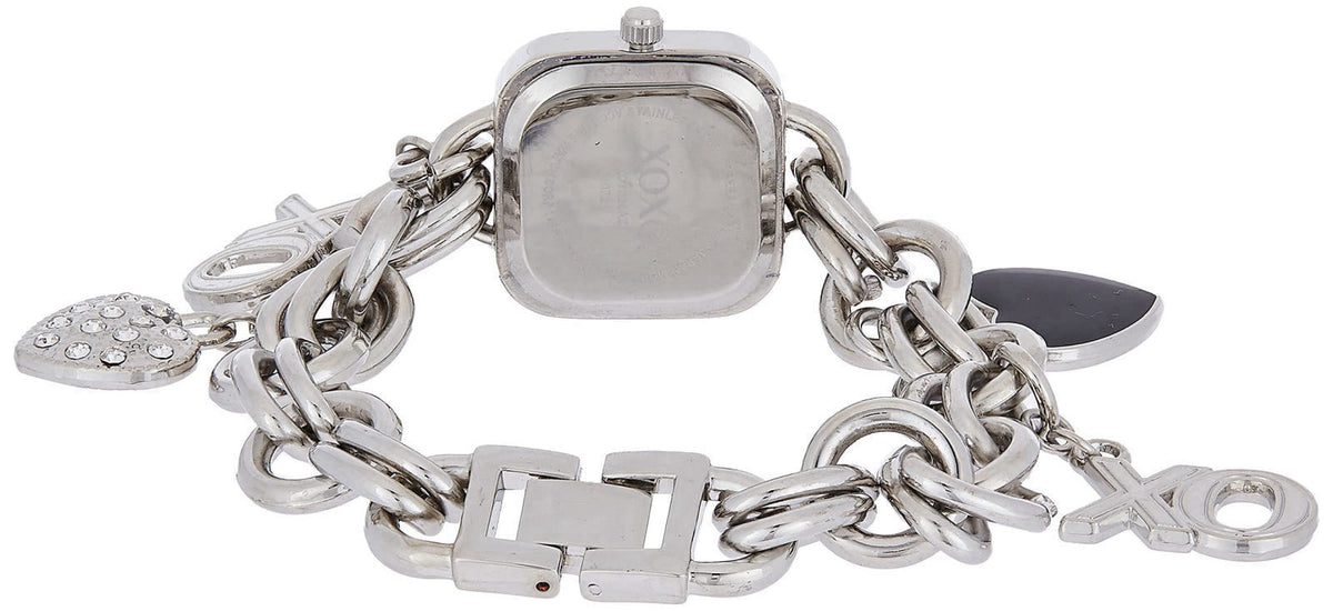 Accutime XOXO Women’s Charm Bracelet Watch with XO and Heart Charms, Quartz Analog Display, Polished Silver-Tone Finish,