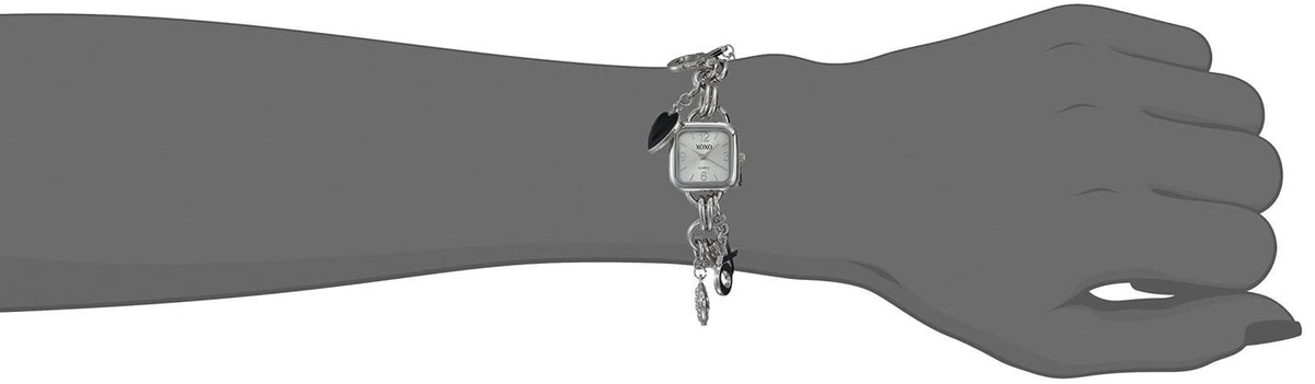 Accutime XOXO Women’s Charm Bracelet Watch with XO and Heart Charms, Quartz Analog Display, Polished Silver-Tone Finish,