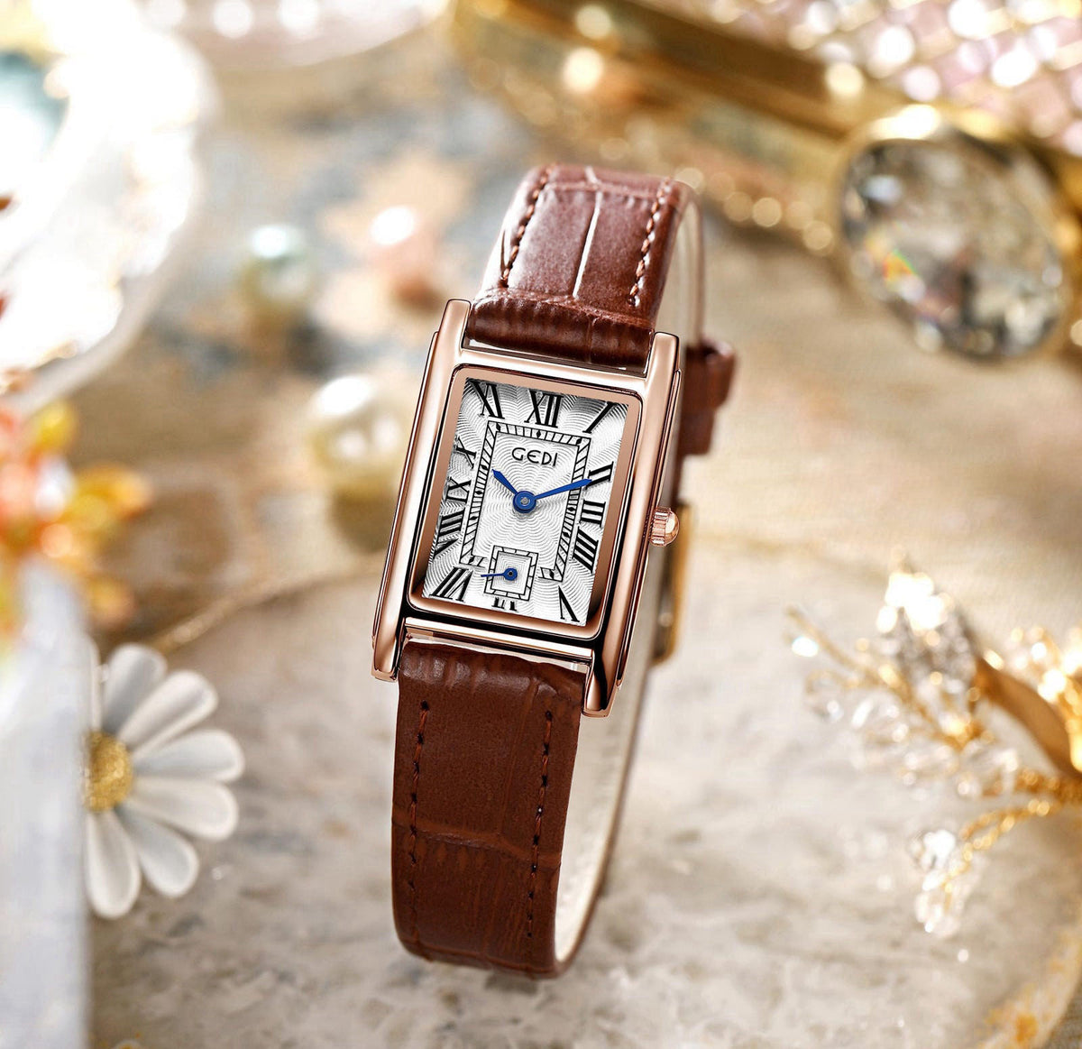 FANMIS Women's Vintage Rectangular Leather Strap Watches – alternate angle