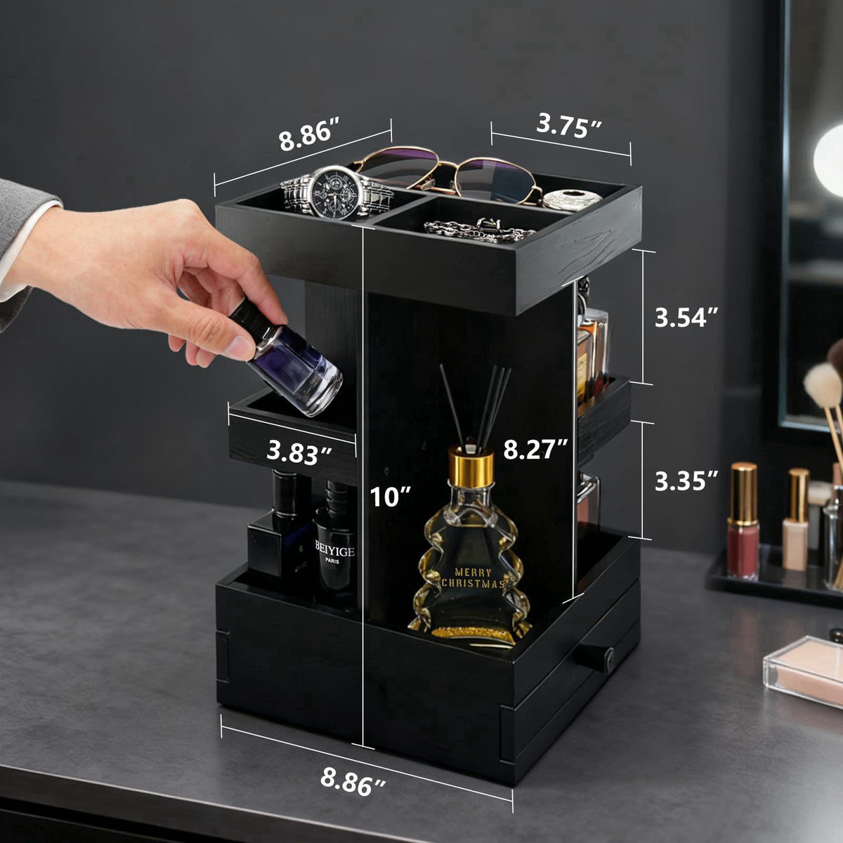 VYNOPA Rotating Cologne Organizer for Men – Black Wooden Perfume Stand with Dual Drawers, Multi-Tier Fragrance Display &