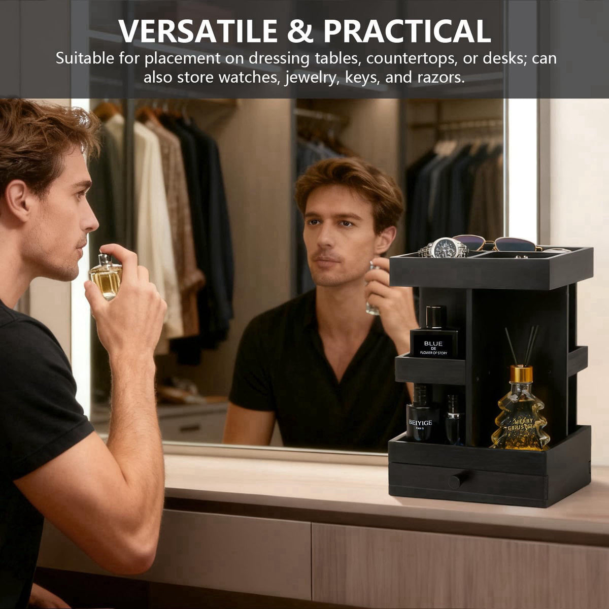 VYNOPA Rotating Cologne Organizer for Men – Black Wooden Perfume Stand with Dual Drawers, Multi-Tier Fragrance Display &