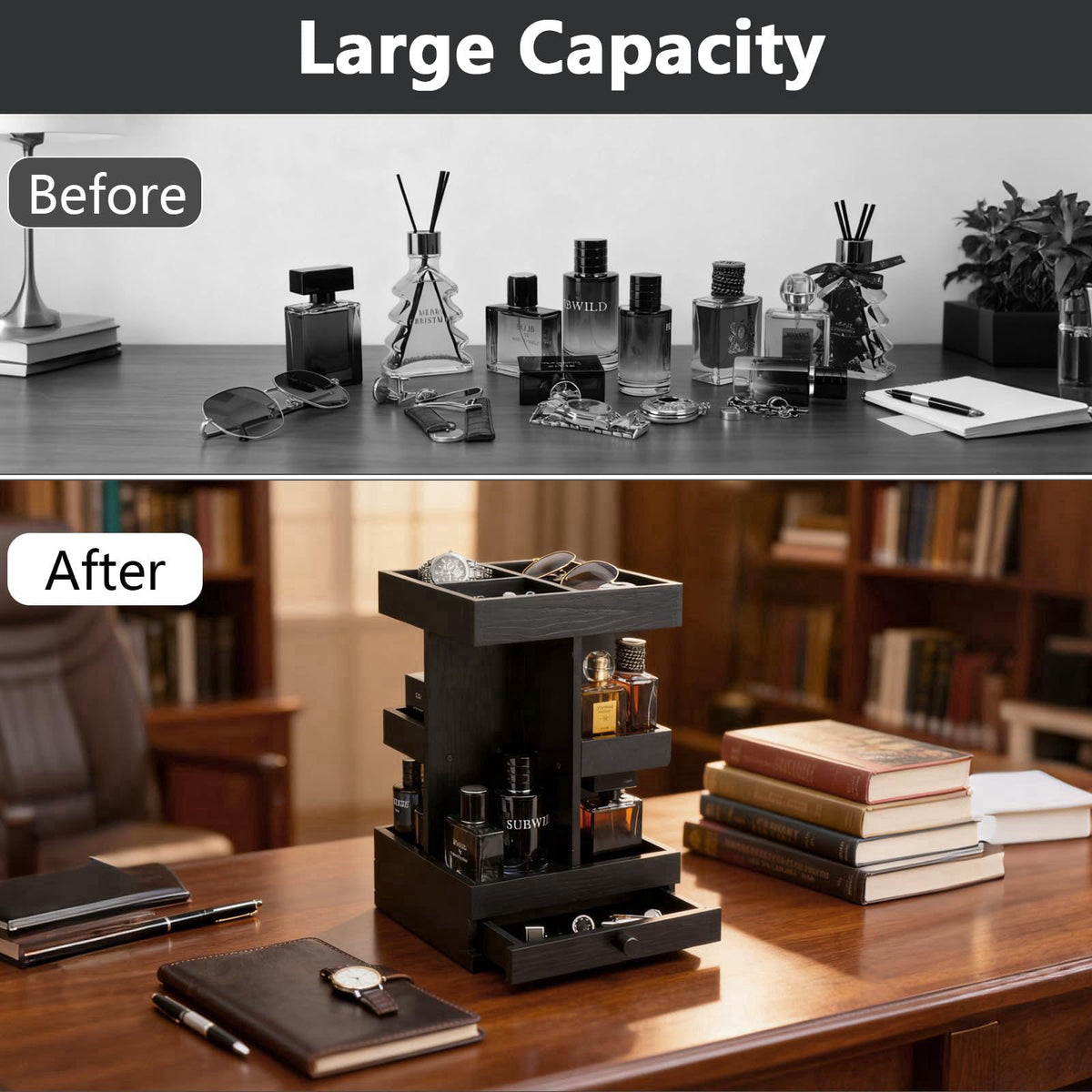 VYNOPA Rotating Cologne Organizer for Men – Black Wooden Perfume Stand with Dual Drawers, Multi-Tier Fragrance Display &