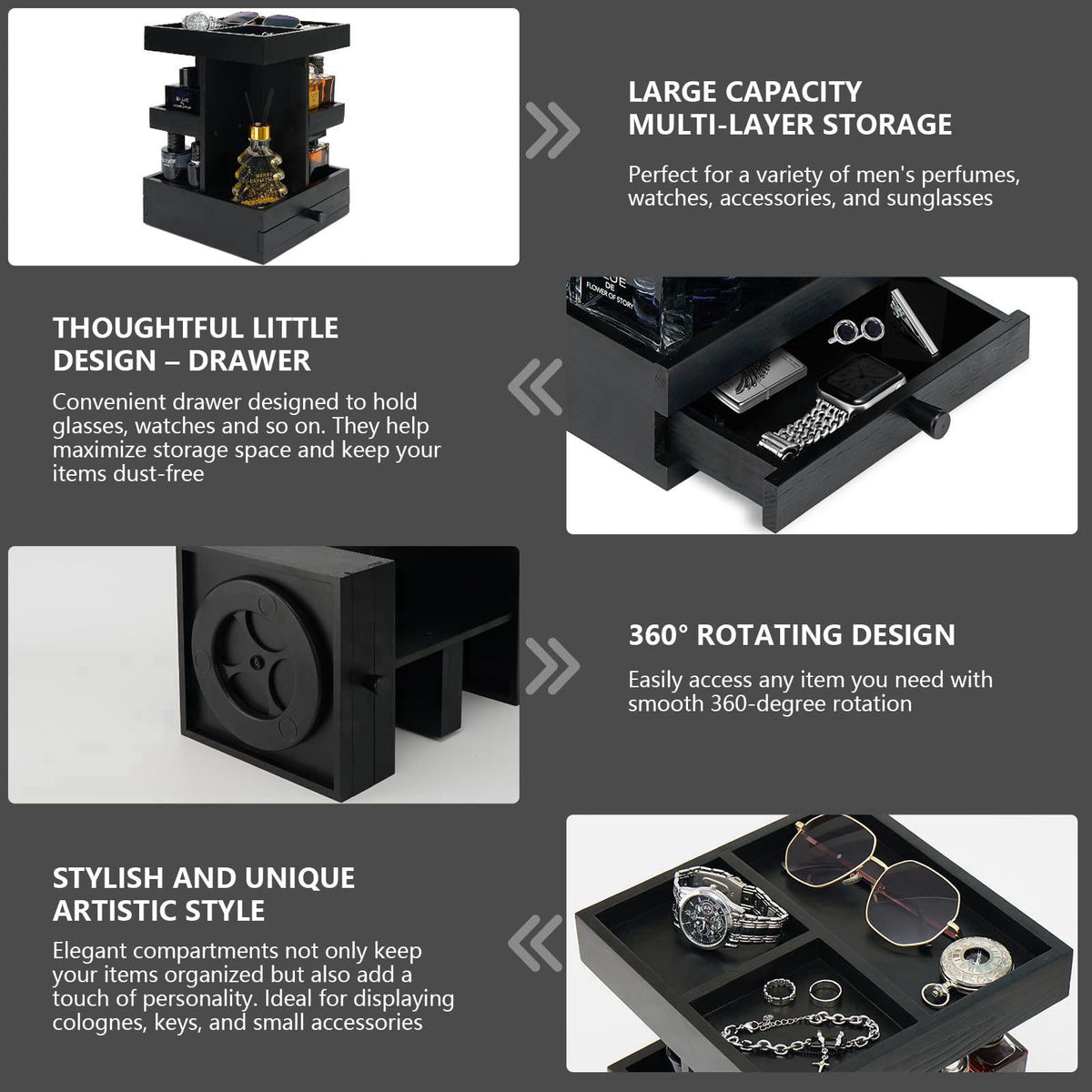 VYNOPA Rotating Cologne Organizer for Men – Black Wooden Perfume Stand with Dual Drawers, Multi-Tier Fragrance Display &